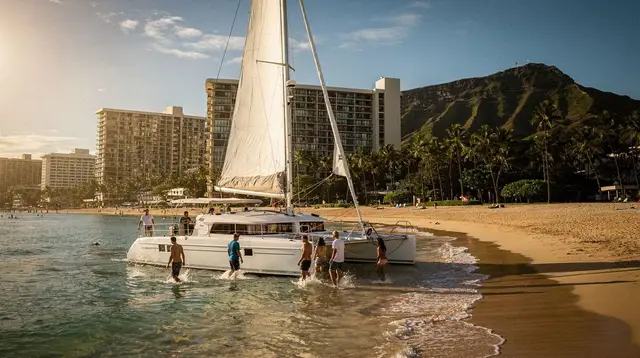 Catamaran sailing from Waikiki Beach